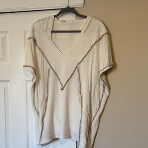 POL Cream V-Neck Short Sleeve Top with Brown Stitching and Hood